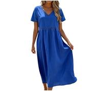 Allegorly Vestidos Largos Mujeres Verano Vestido Mujer Vestidos Mangas Cuello en V Atrapado Transpirable Casual Amplio Vestido Grande Tamaño Color Sólido Vestidos Casual Playa Vacaciones, Azul-B, XL