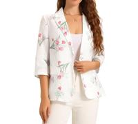 Allegra K Blazer Floral Pmujer Chaqueta Informal Liviana con Solapa con Muesca Y Manga 3/4 Blanco XS