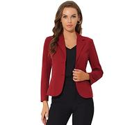 Allegra K - Bléiser de traje elástico para mujer, chaqueta de oficina con cuello de solapa y manga larga, Borgoña, Large