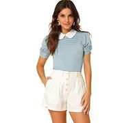 Allegra K Blusa De Manga Corta con Cuello Peter Pan En Contraste Vintage para Mujer Azul L