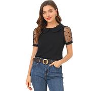 Allegra K Blusa De Manga Corta con Cuello Redondo Y Cuello Peter Pan para Mujer, Estilo Vintage, con Lunares, Manga De Malla Negro M