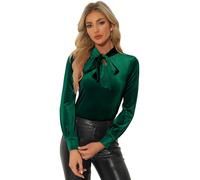 Allegra K Blusa gótica vintage de Halloween para mujer, de terciopelo, con corbatín, cuello de corbatín, para oficina, negocios, trabajo, Verde oscuro, S