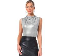 Allegra K Blusa Metálica para Mujer Camisetas sin Mangas con Cuello Vuelto Fruncida para Fiesta Brillante Plata M