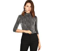 Allegra K Blusa Top Metálico De Rayas Brillantes Manga 3/4 Brillantina Fiesta para Mujer Disfraz de Halloween Negro Plata M