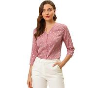 Allegra K Blusa vintage de lunares para mujer de manga 3/4 con botones frontales y cuello en V casual para oficina, Rosa, XS