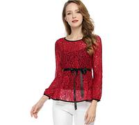 Allegra K Blusas Tops Peplum De Encaje Semitransparente De Manga Larga con Cintura Anudada para Mujer Rojo L