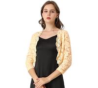 Allegra K Bolero de Encaje de Mujer Cárdigan Toreras Top De Encaje Floral Transparente Manga 3/4 Elegante para Mujer Día de San Patricio Beige XL