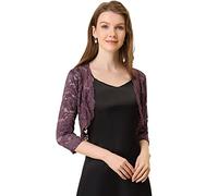 Allegra K Bolero de Encaje de Mujer Cárdigan Toreras Top De Encaje Floral Transparente Manga 3/4 Elegante para Mujer Día de San Patricio Gris Púrpura S