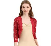 Allegra K Bolero de Encaje de Mujer Cárdigan Toreras Top De Encaje Floral Transparente Manga 3/4 Elegante para Mujer Día de San Patricio Color Rojo Oscuro XS