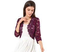 Allegra K Bolero de Encaje de Mujer Cárdigan Toreras Top De Encaje Floral Transparente Manga 3/4 Elegante para Mujer Día de San Patricio Borgoña XS