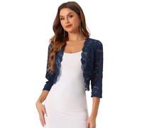 Allegra K Bolero de Encaje de Mujer Cárdigan Toreras Top De Encaje Floral Transparente Manga 3/4 Elegante para Mujer Día de San Patricio Azul Oscuro XL