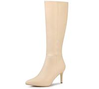 Allegra K Botas altas hasta la rodilla con punta y cremallera lateral para mujer, tacón de aguja, beige, 40 EU
