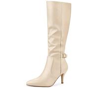 Allegra K Botas altas hasta la rodilla con tacón de aguja y hebilla puntiaguda para mujer, beige, 38 EU