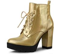 Allegra K Botas de plataforma con cordones y tacón grueso de punta redonda para mujer, Oro, 39 EU