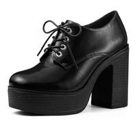Allegra K Botines De Tobillo Alto Talón Grueso Cordón Arriba De Plataforma Para Mujer Negro 39
