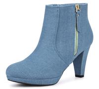 Allegra K Botines para mujer, cremallera lateral, plataforma baja, tacón grueso, Azul denim, 38.5 EU