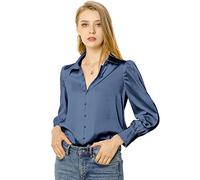 Allegra K Camisa Clásica para Mujeres Día de San Patricio Blusa Elegante De Manga Larga De Soplo Trabajo Botón Abajo Cuello Vuelto Disfraz de Navidad Azul Gris Oscuro L