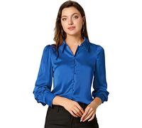 Allegra K Camisa Clásica para Mujeres Día de San Patricio Blusa Elegante De Manga Larga De Soplo Trabajo Botón Abajo Cuello Vuelto Disfraz de Navidad Azul Real M