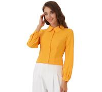 Allegra K Camisa con Botones para Mujer Blusa De Manga Larga con Cuello Peter Pan De Carrera Disfraz de Navidad Amarillo L