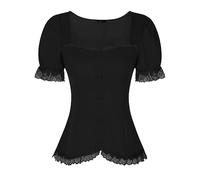 Allegra K Camisa Victoriana para Mujer con Cuello en Forma de corazón y Manga Corta con Cordones y Blusa gótica Negro XXL
