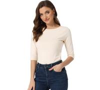 Allegra K Camiseta ajustada de cuello redondo sólido con mangas de codo para mujer, beige, L