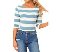 Allegra K Camiseta con Mangas de Codo para Mujer Camiseta básica Informal con Cuello de Barco y Corte Ajustado Gris Azul Blanco M