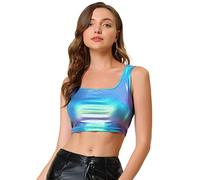 Allegra K Camiseta corta para mujer del día de San Patricio, camiseta sin mangas, cuello en U, ropa de fiesta para club, metálico brillante, Azul y plateado., 40