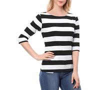 Allegra K Camiseta de Manga Corta para Mujer, Cuello Barco Casual, Ajustada, a Rayas, Negro, Blanco, 44