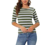 Allegra K Camiseta de manga larga para mujer, casual, básica, cuello barco, corte entallado, Verde militar., 44