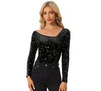 Allegra K Camiseta de Terciopelo con Estrellas para Mujer de Manga Larga Sexy para Fiesta Disfraz de Halloween Negro S
