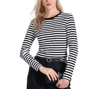 Allegra K Camisetas A Rayas para Mujer, Camisetas De Manga Larga, Camisetas Ajustadas con Cuello Redondo, Conjuntos Casuales De Moda Raya Blanca y Negra L
