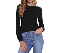 Allegra K Camisetas Básicas Ajustadas para Mujer de Cuello Redondo Plisadas de Manga Larga para Otoño e Invierno Negro L
