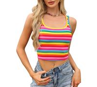 Allegra K Camisetas sin Mangas a Rayas y2k para Mujer Top Corto Ajustado con Cuello Cuadrado y sin Mangas Arcoíris XS