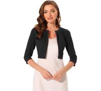 Allegra K Cárdigan Corto para Mujer Sin Cuello Manga 3/4 Y Frente Abierto Toreras Estilo Casual De Negocios Bolero Recortado Negro L