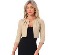 Allegra K Cárdigan Corto para Mujer Sin Cuello Manga 3/4 Y Frente Abierto Toreras Estilo Casual De Negocios Bolero Recortado Caqui M