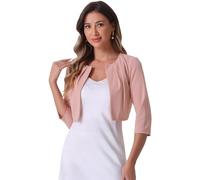 Allegra K Cárdigan Corto para Mujer Sin Cuello Manga 3/4 Y Frente Abierto Toreras Estilo Casual De Negocios Bolero Recortado Rosa M