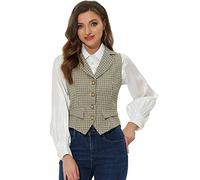 Allegra K Chaleco a cuadros para mujer, cuello de solapa con muescas, chaleco Vintage de un solo pecho marrón XL