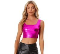 Allegra K Chaleco con Cuello En U para Mujer, Sin Mangas, para Fiesta, Clubwear, Camiseta Corta Metálica Brillante Rosa Caliente L