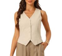 Allegra K - Chaleco de lino para mujer de moda sin mangas con botón, cuello en V, parte superior corta, chaleco de verano, caqui, XL