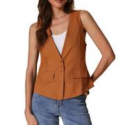 Allegra K Chaleco de lino para mujer de verano cuello V y botones blazer sin mangas estilo informal de negocios Naranja S