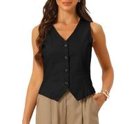 Allegra K Chaleco de lino para mujer, sin mangas, con botones, cuello en V, ombliguera, chaleco de verano, Negro, L