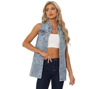 Allegra K Chaleco Vaquero Lavado para Mujer de Mezclilla de Largo Medio con Botones Informales Chaqueta Sin Mangas Gris Azul S