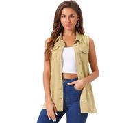 Allegra K - Chaleco vaquero para mujer, sin mangas, con botones, largo, estilo informal, Caqui, M