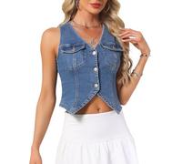 Allegra K Chaleco Vaquero para Mujer sin Mangas Cuello en V Botones Top Corto Chaqueta Vaquera Informal de Verano Azul Oscuro L