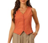Allegra K Chalecos de mujer de verano de algodón y lino sin mangas con botones, cuello en V, totalmente forrados, chalecos recortados, Naranja, Large