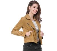 Allegra K Chaqueta Corta de Mujer Soft Moto Zip Up Pockets Chaquetas de Motociclista de Gamuza sintética Caqui M