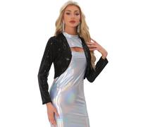 Allegra K Chaqueta de Lentejuelas para Mujer de Fiesta con Frente Abierto Recortado Brillante Bolero Shrug Disfraz de Halloween Negro L