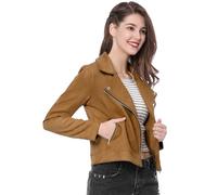 Allegra K Chaqueta de motociclista corta de gamuza sintética suave con cremallera para mujer, Caqui, M