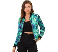 Allegra K Chaqueta Floral de Satén para Mujer Ligera con Cremallera y Cuello Alto Verde M