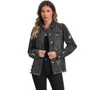 Allegra K Chaqueta Vaquera para Mujer Lavados Deshilachados y Bolsillos Chaquetas con Botones Negro M
